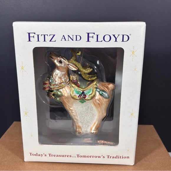 Fitz & Floyd Florentine Reindeer With Holly Bow Christmas Ornament 5.5" NEW - Picture 1 of 14